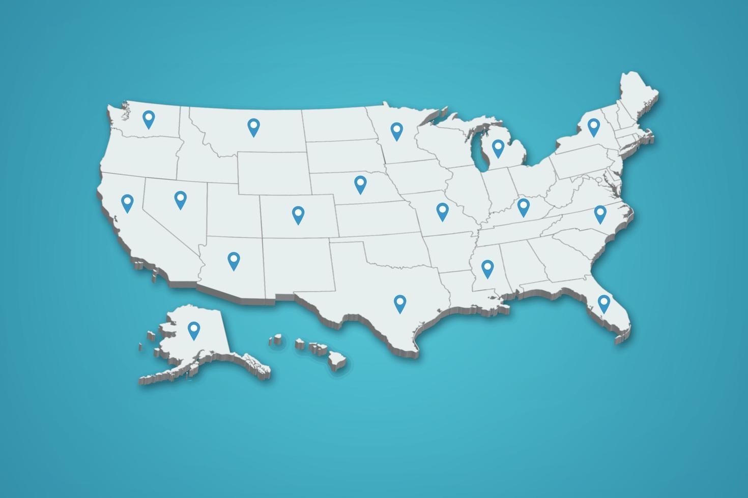 mapa 3d do estado unido com ilustração de pinos de localização em fundo isolado vetor