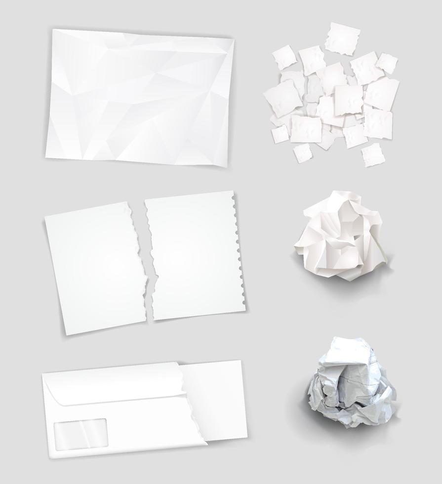 conjunto de diferentes folhas de papel amassadas e rasgadas vetor