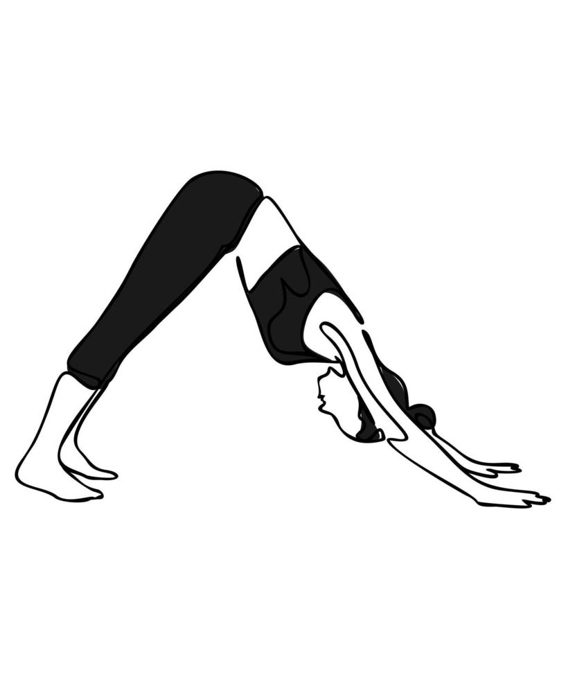 mulher fazendo exercício em pose de ioga. pose de cachorro olhando para baixo. ilustração em vetor silhueta isolada no fundo branco. conceito de dia internacional de ioga. logotipo de ioga
