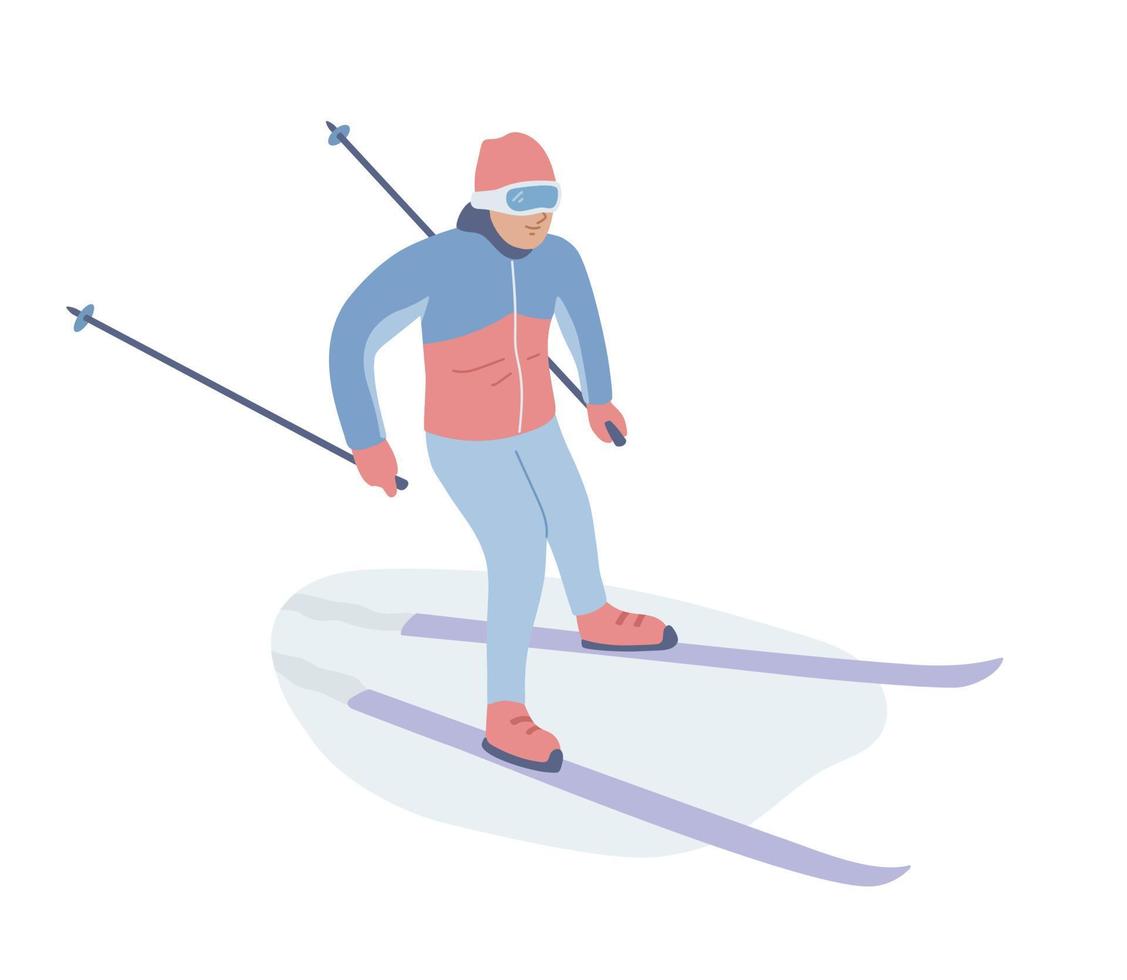 esquiador masculino esquiando na neve. esporte de inverno, atividade de inverno. concorrência. homem cavalgando nos céus. ilustração em vetor plana.