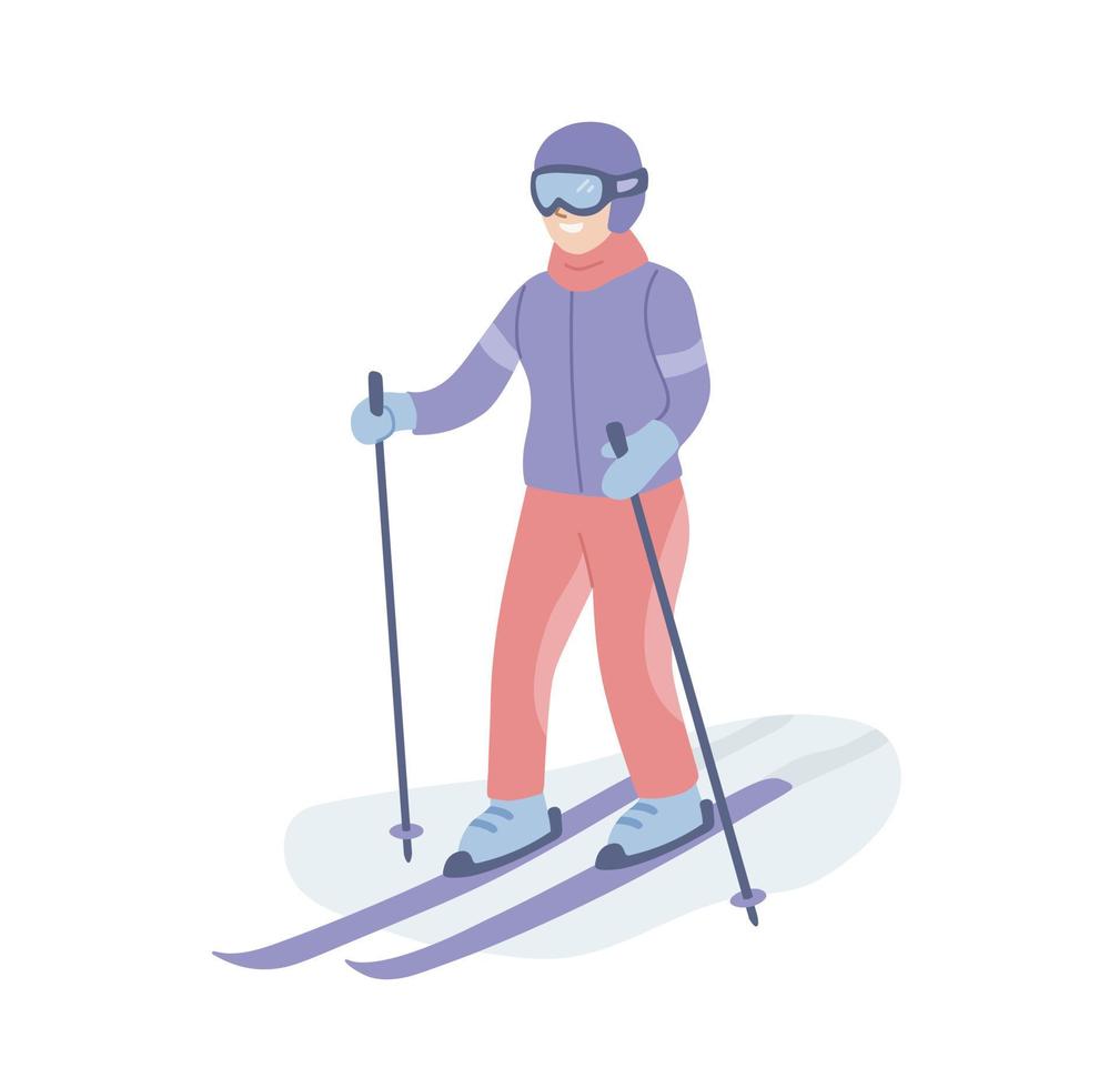 esquiador feminino esquiando na neve. esporte de inverno, atividade de inverno. concorrência. mulher cavalgando nos céus. desportista. ilustração em vetor plana.