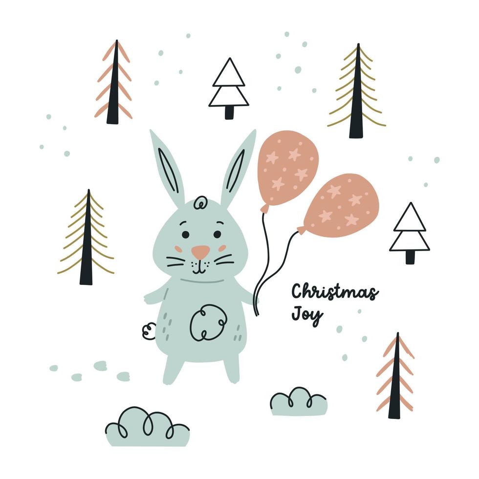 coelhinho de natal desenhado à mão com balões. rabiscar coelho com montes de neve de árvore de inverno moderno minimalista. ilustração vetorial plana vetor