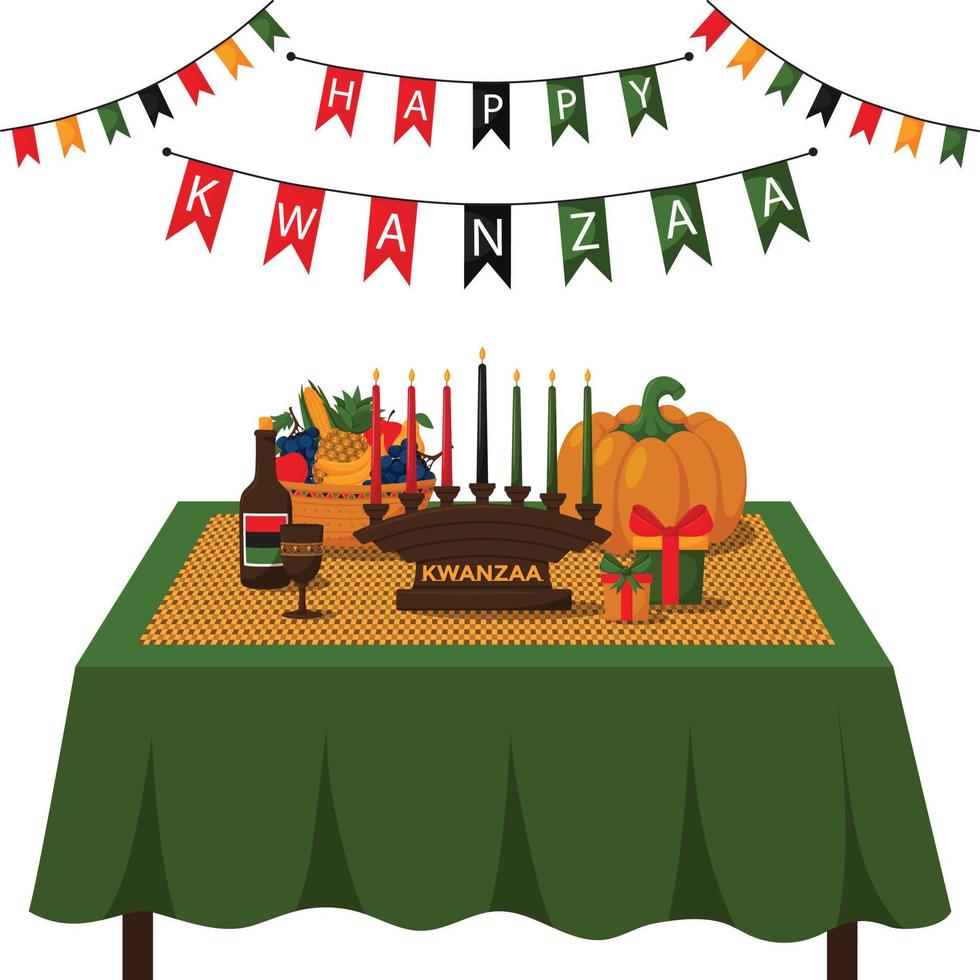 feliz kwanzaa. uma mesa festiva com tapete trançado, copo de unidade, kinara, presentes e cesta de frutas. comemorando o feriado afro-americano de kwanzaa. ilustração vetorial de desenho animado em um fundo branco vetor