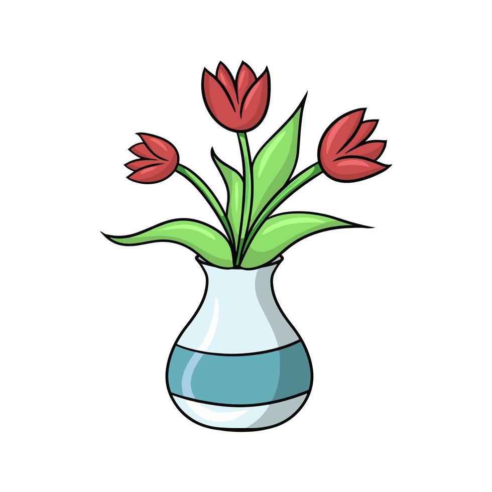 buquê de tulipas vermelhas com folhas em um vaso largo, ilustração vetorial  no estilo cartoon sobre um fundo branco 14304455 Vetor no Vecteezy