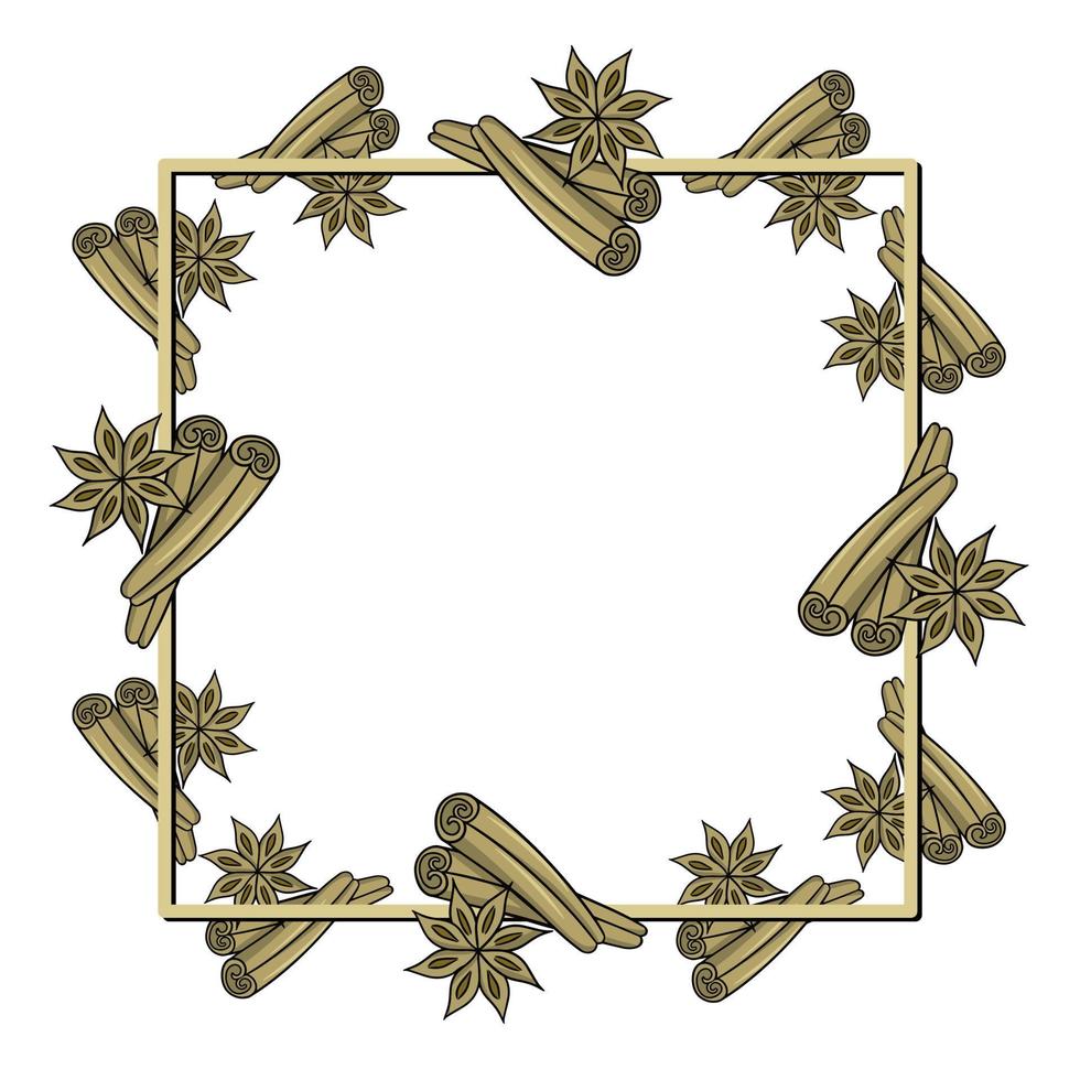 moldura quadrada, pau de canela e especiarias de anis estrelado, copie o espaço, ilustração de desenho vetorial no fundo branco vetor