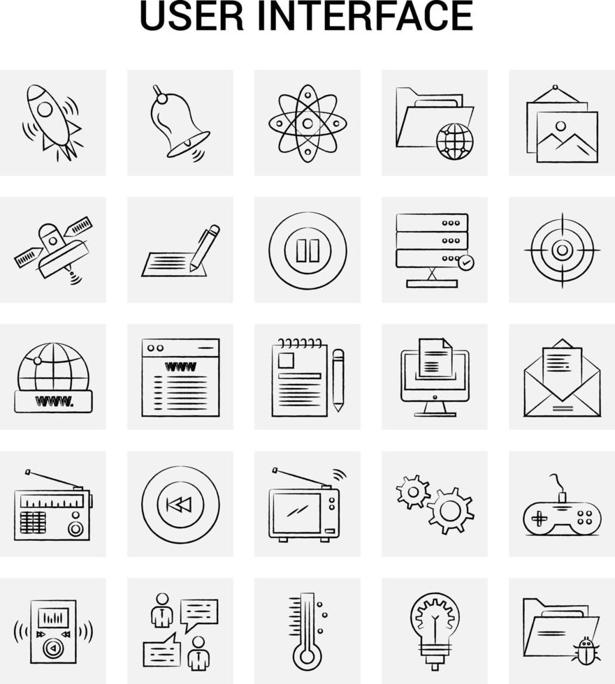 25 ícones de interface de usuário desenhados à mão definir doodle de vetor de fundo cinza