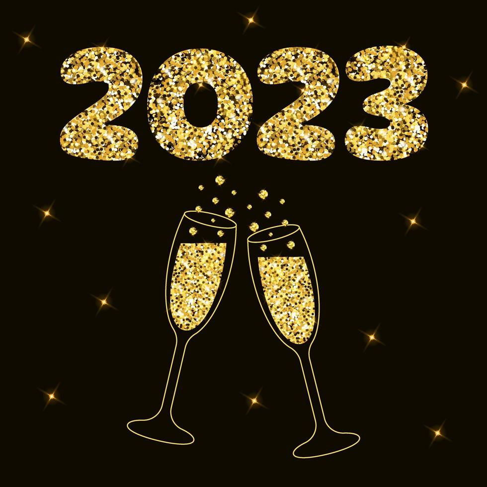 duas taças espumantes de champanhe e letras 2023 com glitter dourado. fundo escuro com luz de estrela. vetor