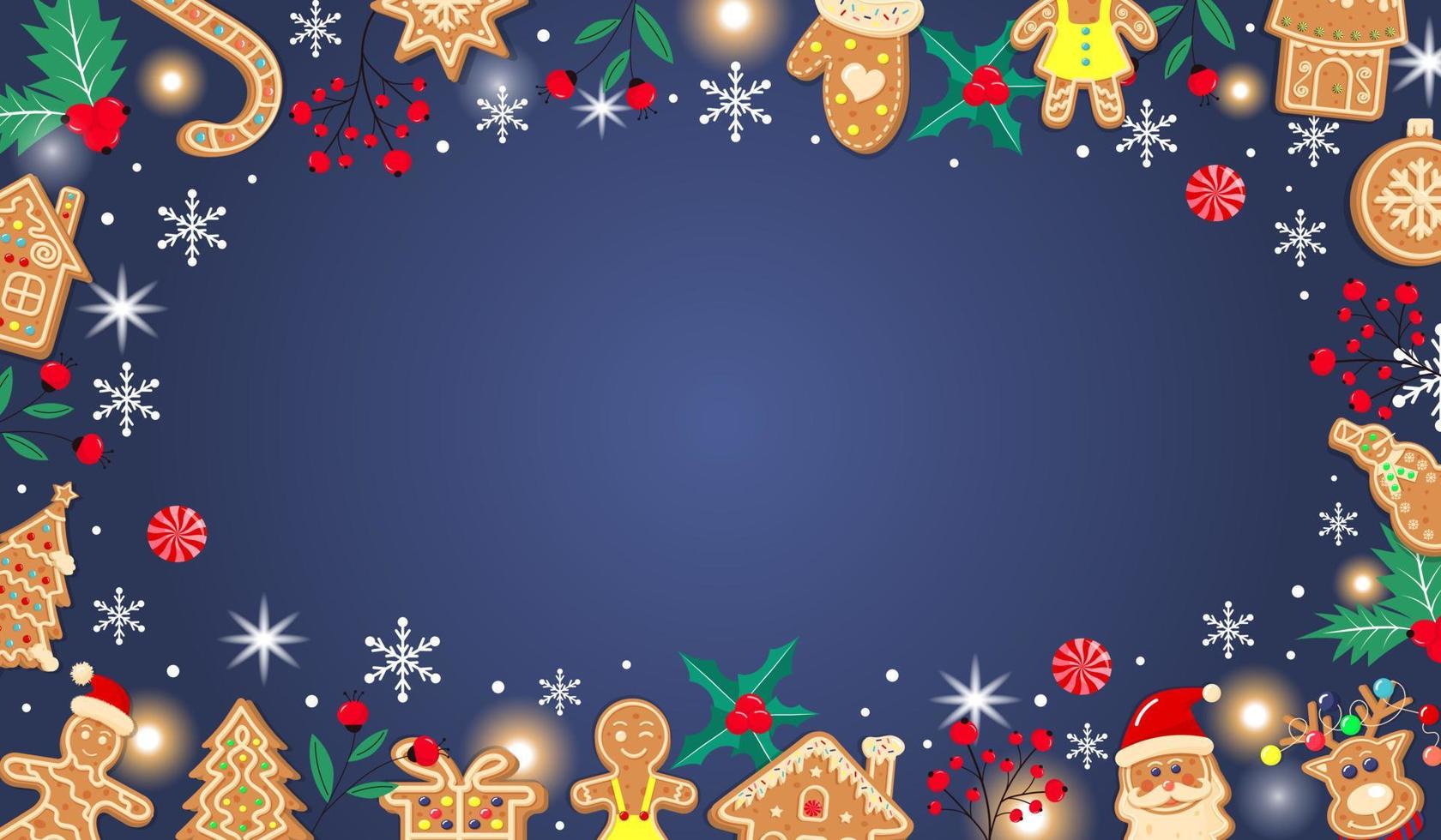 fundo de gengibre de Natal azul escuro horizontal. projeto de natal com biscoitos, bagas de inverno, flocos de neve, neve, luzes e doces. espaço vazio para o seu texto. vetor