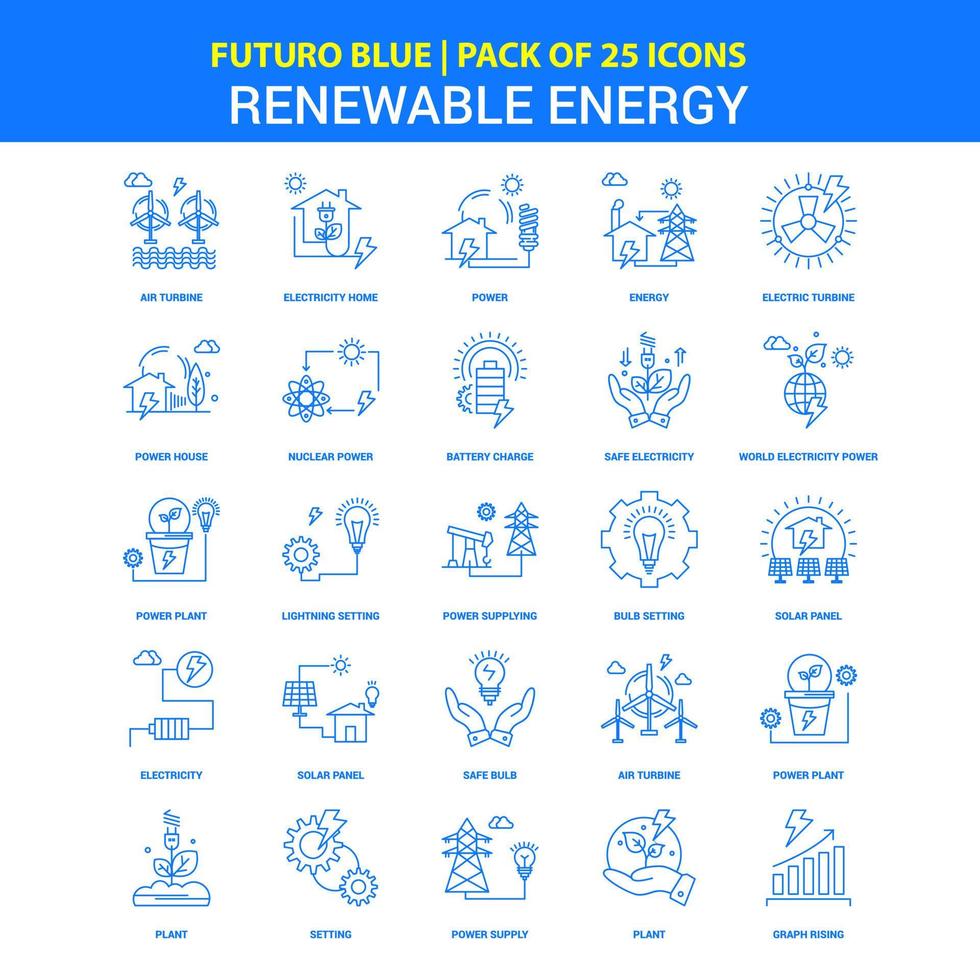 ícones de energia renovável futuro azul 25 pacote de ícones vetor