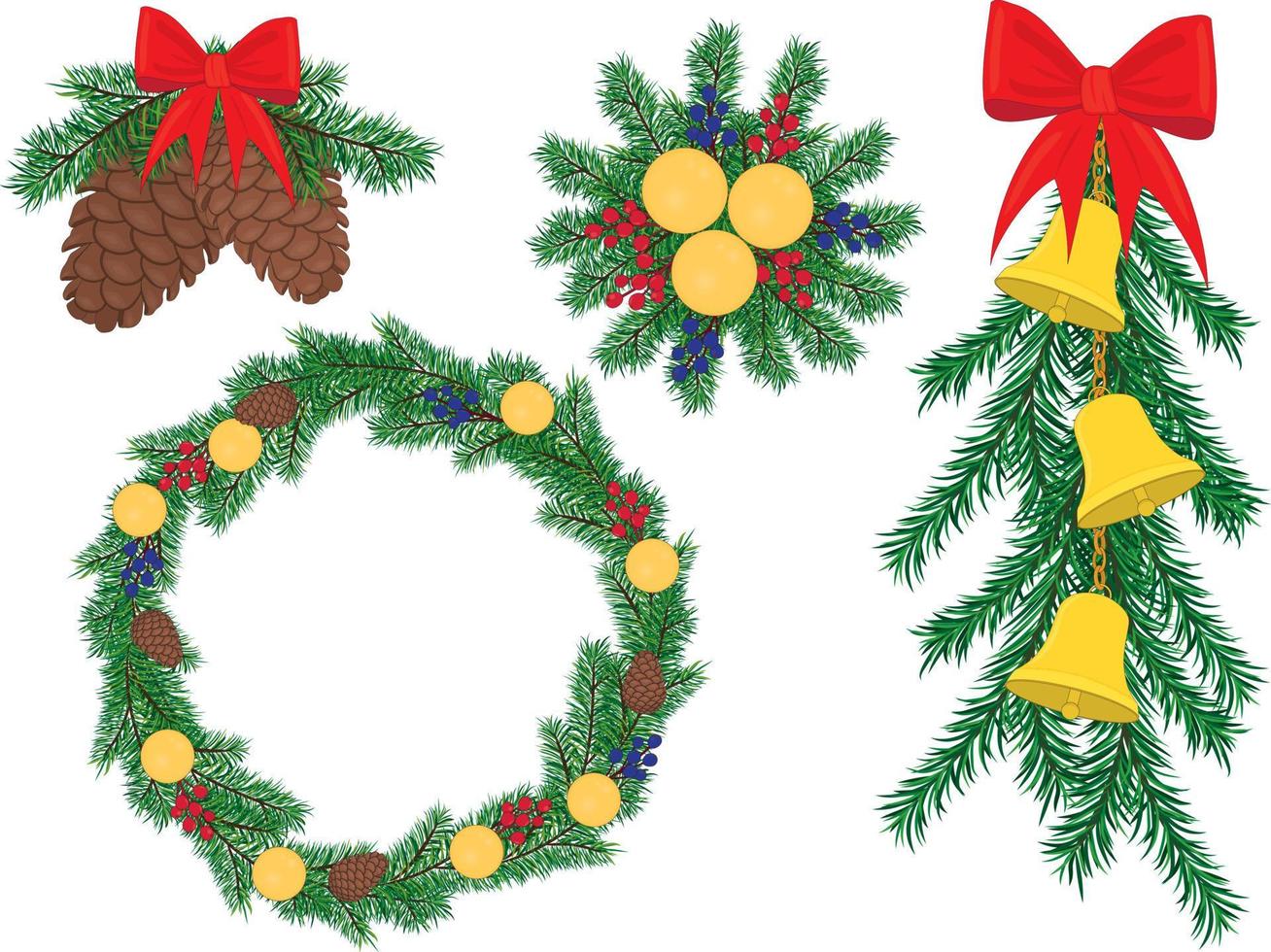 decorações de natal e ano novo com ramos de abeto, brinquedos e ilustração vetorial de sinos vetor