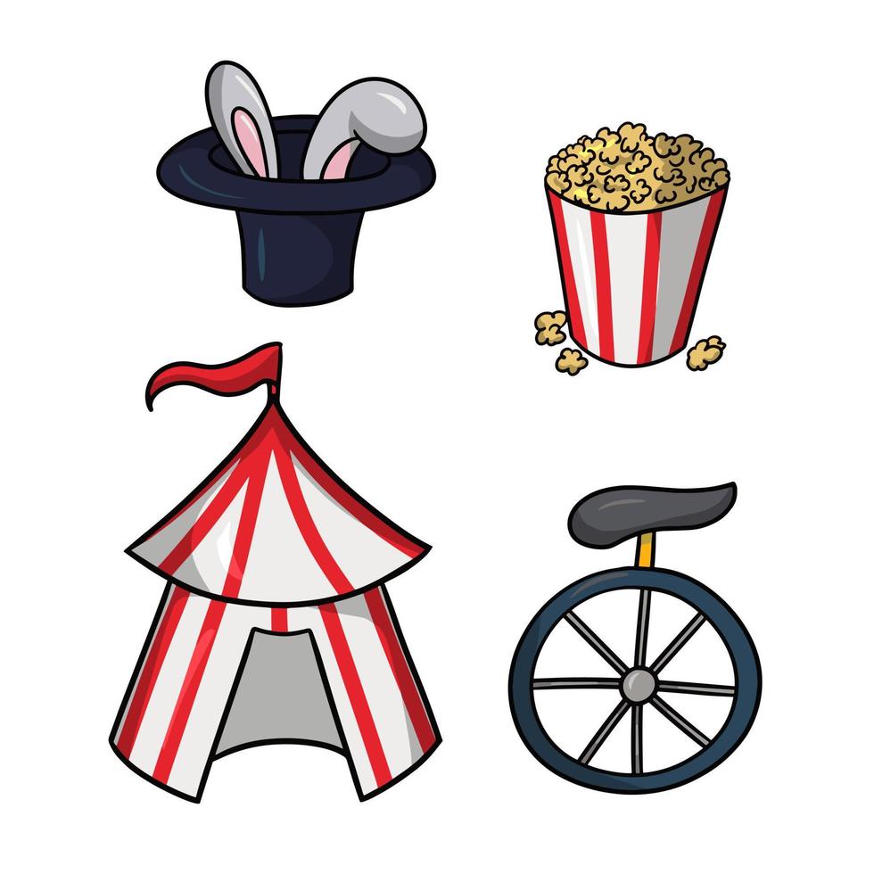 um conjunto de ilustrações coloridas sobre o tema do circo, o circo chegou à cidade, tenda de circo, estilo de desenho vetorial vetor