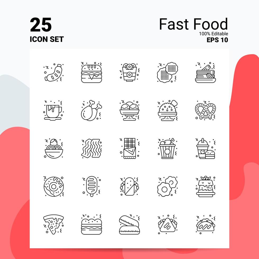 25 conjunto de ícones de fast food 100 eps editáveis 10 arquivos de conceito de logotipo de negócios ideias de design de ícone de linha vetor