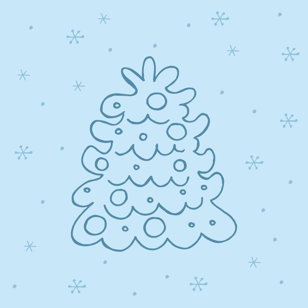 uma árvore de natal desenhada à mão. ilustração vetorial em estilo doodle. clima de inverno. olá 2023. feliz natal e feliz ano novo. elemento azul escuro com flocos de neve em um fundo azul. vetor