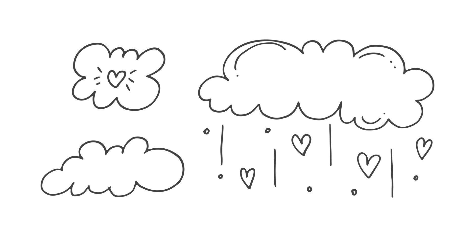 conjunto de elementos de doodle bonitos desenhados à mão sobre o amor. adesivos de mensagem para aplicativos. ícones para dia dos namorados, eventos românticos e casamento. nuvens e chuva de corações. vetor