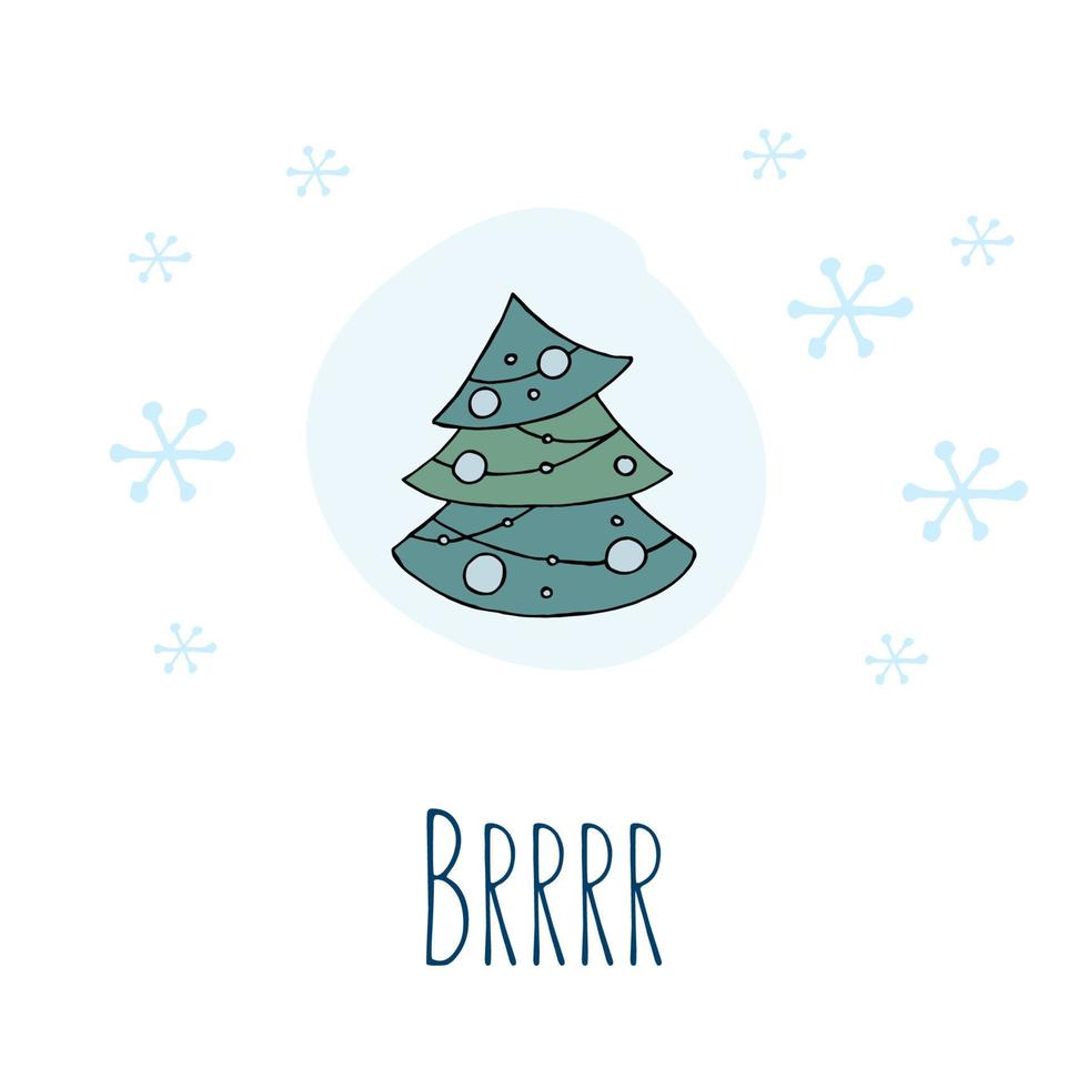 uma árvore de natal desenhada à mão. ilustração vetorial colorida em estilo doodle. clima de inverno. olá 2023. feliz natal e feliz ano novo. árvore verde com brinquedos azuis e flocos de neve em um fundo branco. vetor