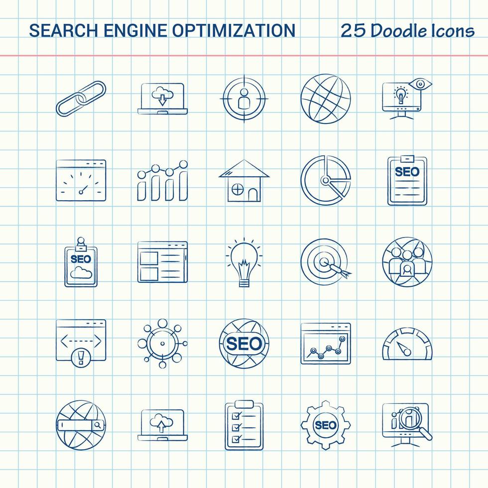 otimização de mecanismo de busca 25 ícones de doodle conjunto de ícones de negócios desenhados à mão vetor
