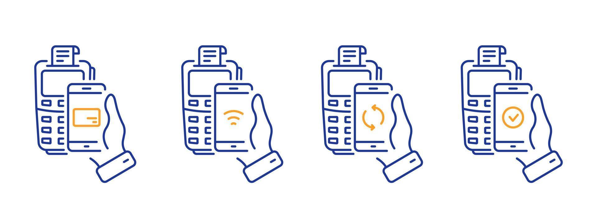 ícone da linha de processamento pos do banco de tecnologia nfc do smartphone. processo de pagamento no conjunto de pictogramas do terminal. verifique o ícone de contorno de transação de pagamento sem dinheiro. traço editável. ilustração vetorial isolado. vetor