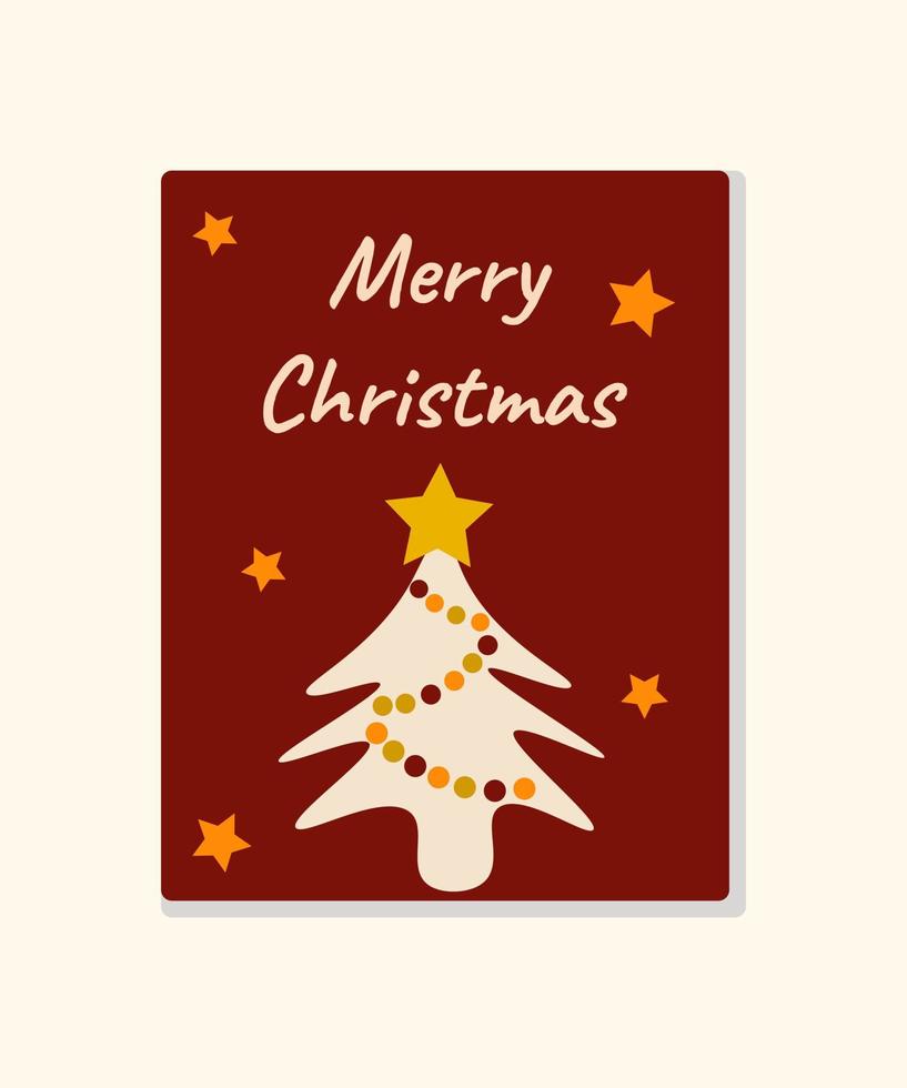 cartão de feliz natal. cores bege, amarelo, laranja e vermelho. árvore de natal e estrelas. ilustração vetorial. vetor