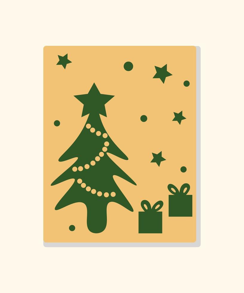 cartão de natal em tons de bege. cores bege e verde. árvore de natal e estrelas. ilustração vetorial. vetor
