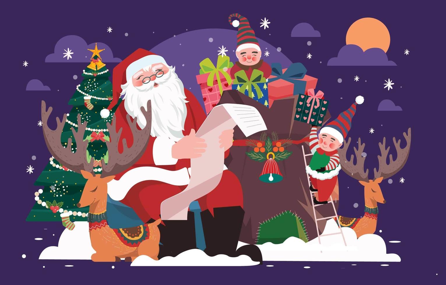 Papai Noel com ajudantes e uma lista de presentes de natal vetor