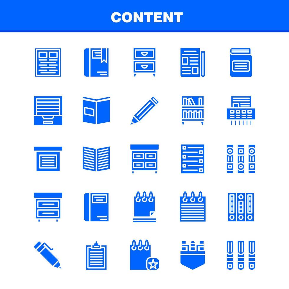 pacote de ícones de glifo sólido de conteúdo para designers e desenvolvedores ícones de livro marcador de conteúdo canetas de conteúdo vetor de conteúdo de bolso