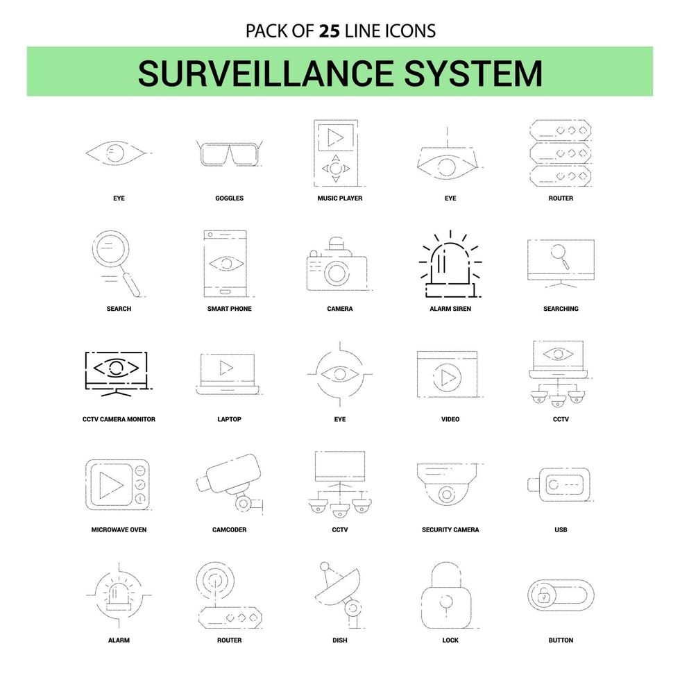 conjunto de ícones de linha de vigilância 25 estilo de contorno tracejado vetor