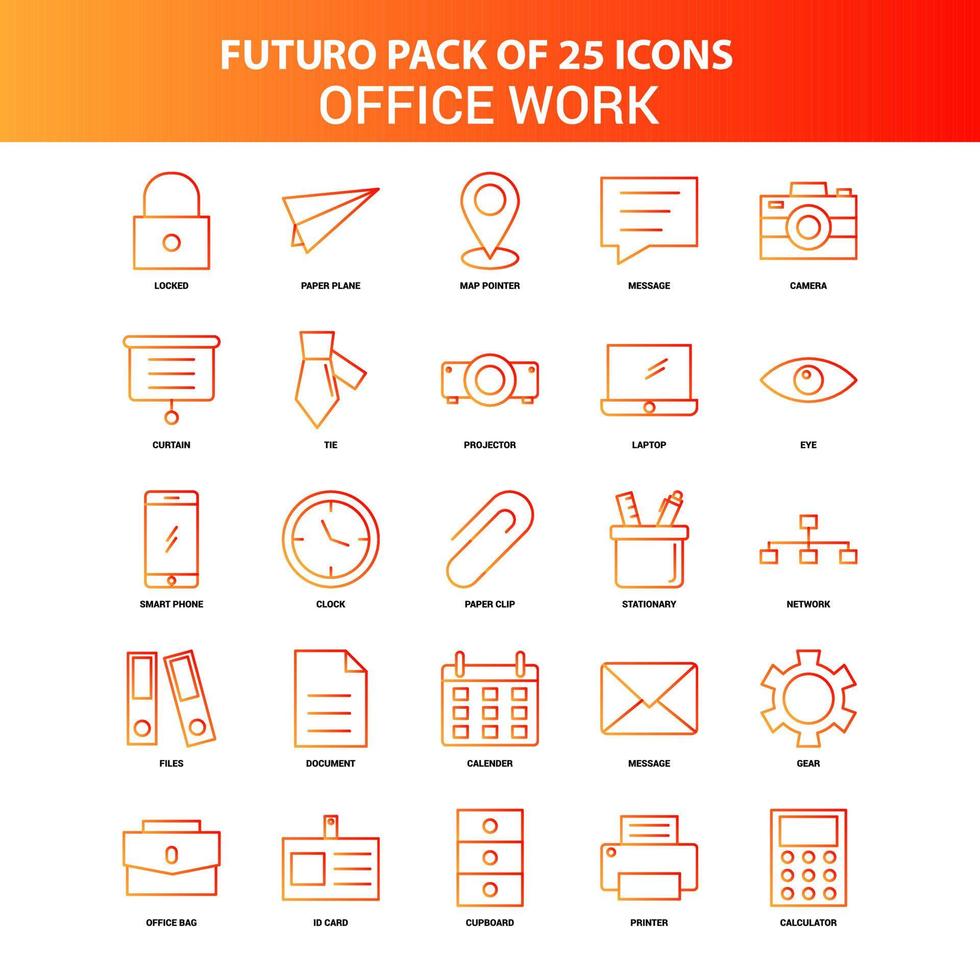 laranja futuro 25 conjunto de ícones de trabalho de escritório vetor