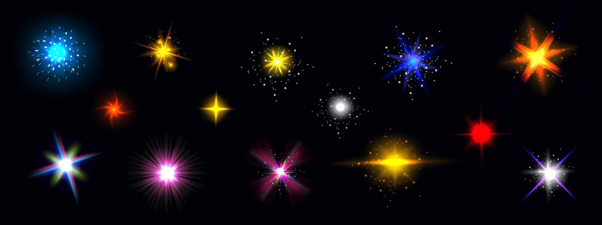 brilho da luz das estrelas, conjunto de brilho vetorial colorido brilhante vetor
