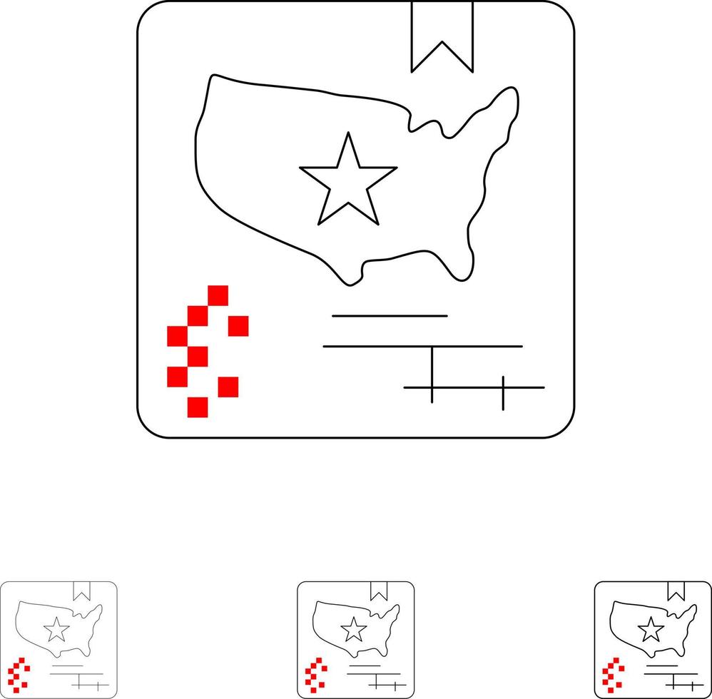 bandeira americana mapa mundo negrito e fino conjunto de ícones de linha preta vetor