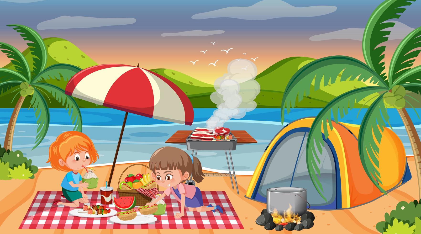 cena de piquenique com família feliz acampando na praia vetor