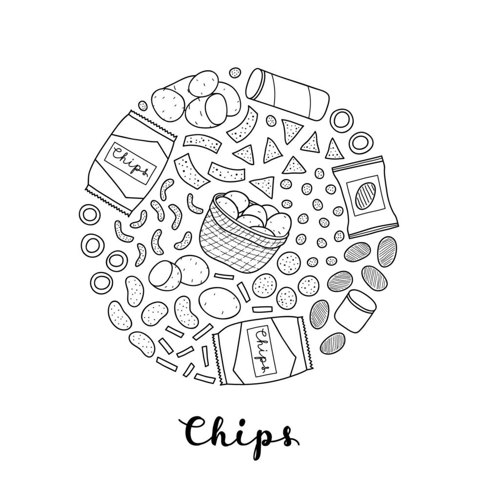 chips e pacotes desenhados à mão em círculo. vetor