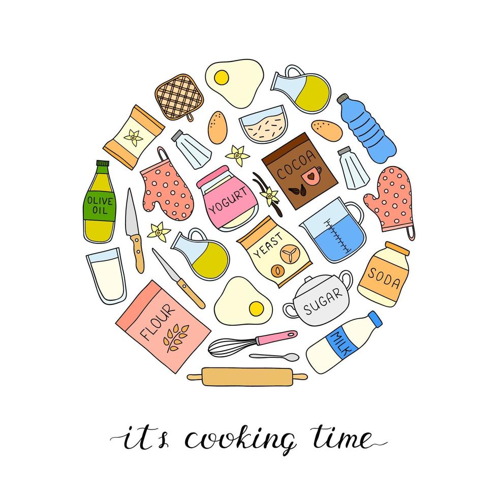 doodle cozinhar, assar ingredientes em círculo. vetor
