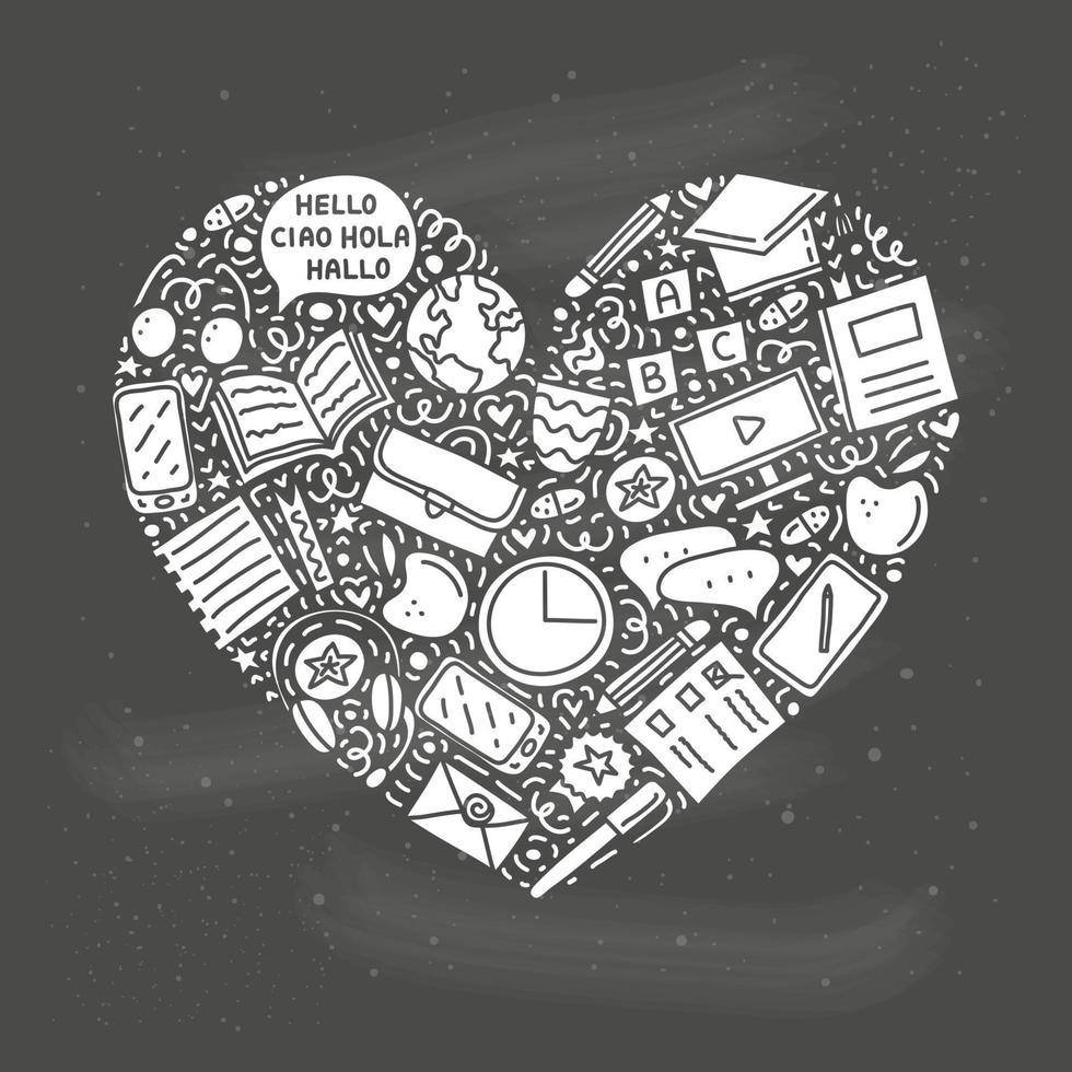 doodle ícones de cursos de idiomas em forma de coração. vetor