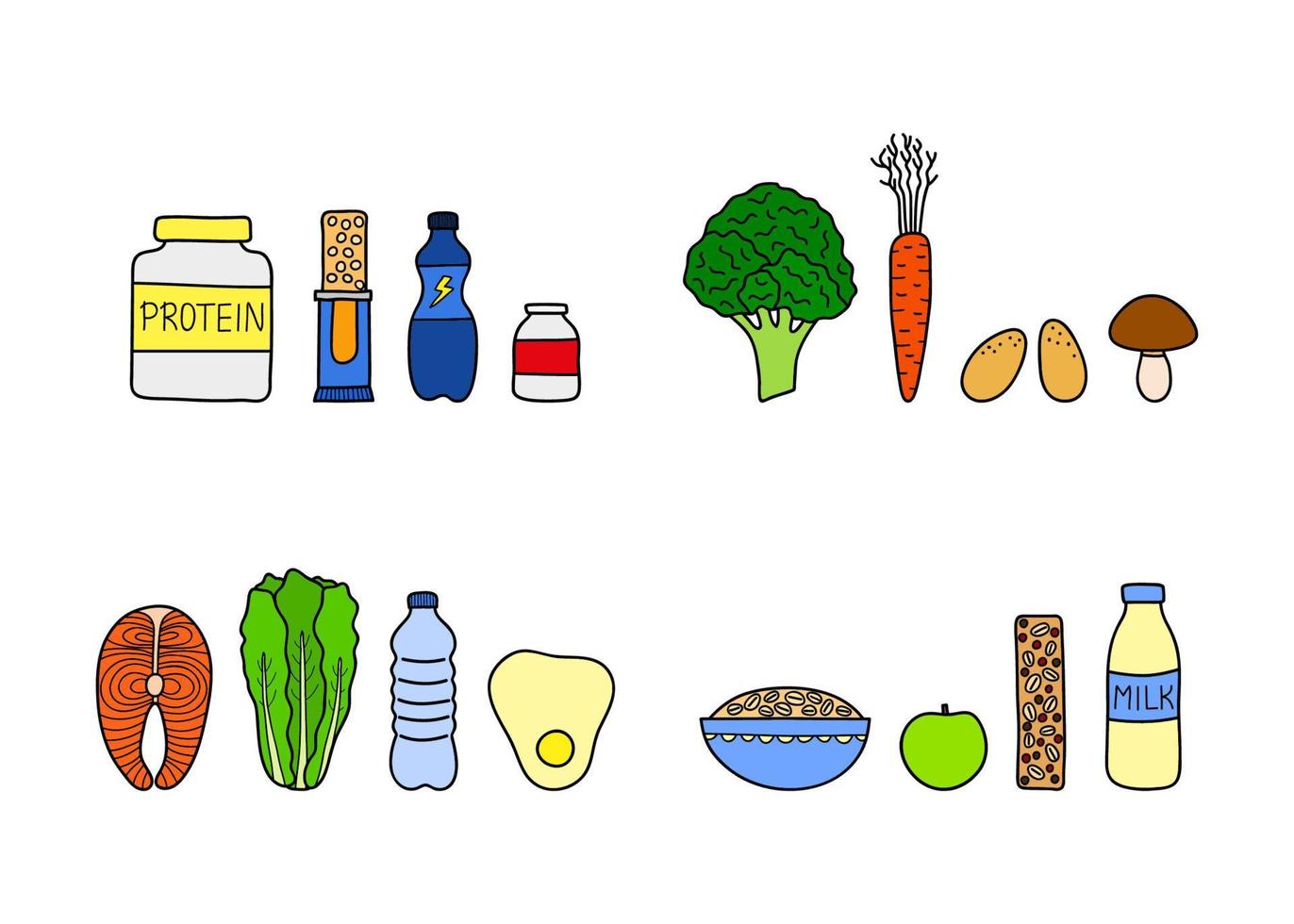 grupos de alimentos esportivos doodle. vetor
