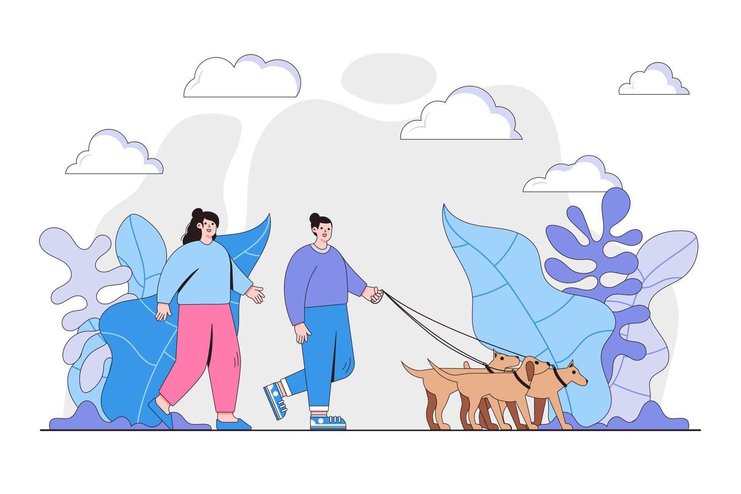 voluntários no trabalho. casal jovem feliz, homem e mulher andando com cachorro juntos. conceito de cuidar de animais e voluntariado. design de personagem de desenho animado plano para página inicial da web, banner vetor