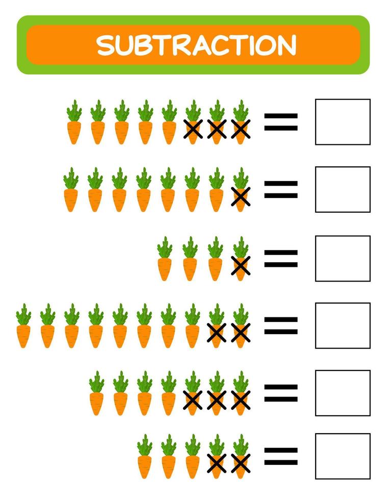 subtração. planilha de matemática para crianças. desenvolver habilidades de numeramento. resolva exemplos e escreva. matemática. jogo de crianças de matemática illustration.educational vector. subtração para crianças. vetor