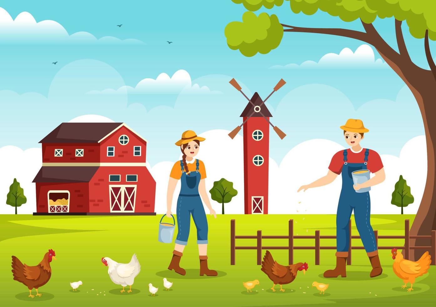 avicultura com agricultor, gaiola, galinha e fazenda de ovos na vista de fundo do campo verde na mão desenhada ilustração de modelo de desenho animado bonito vetor