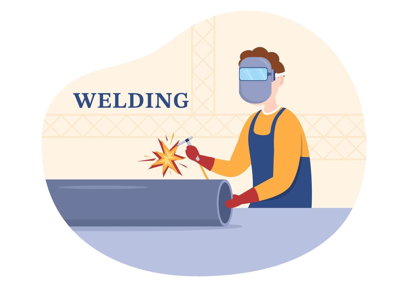 serviço de soldagem com estruturas de metal de solda de trabalho de soldador profissional, construção de tubos e aço em desenhos animados planos ilustração de modelos desenhados à mão vetor