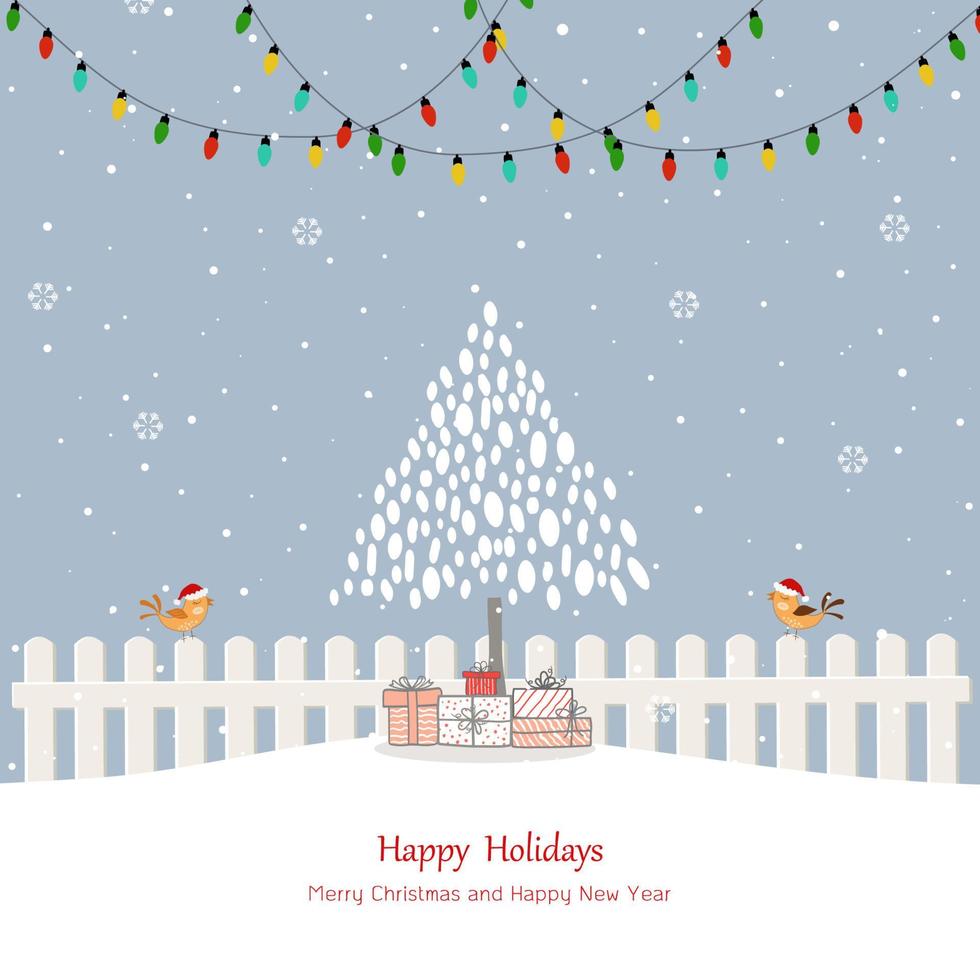 cartão de natal com pássaros fofos, luzes penduradas, árvore de natal e caixas de presente na paisagem de inverno vetor