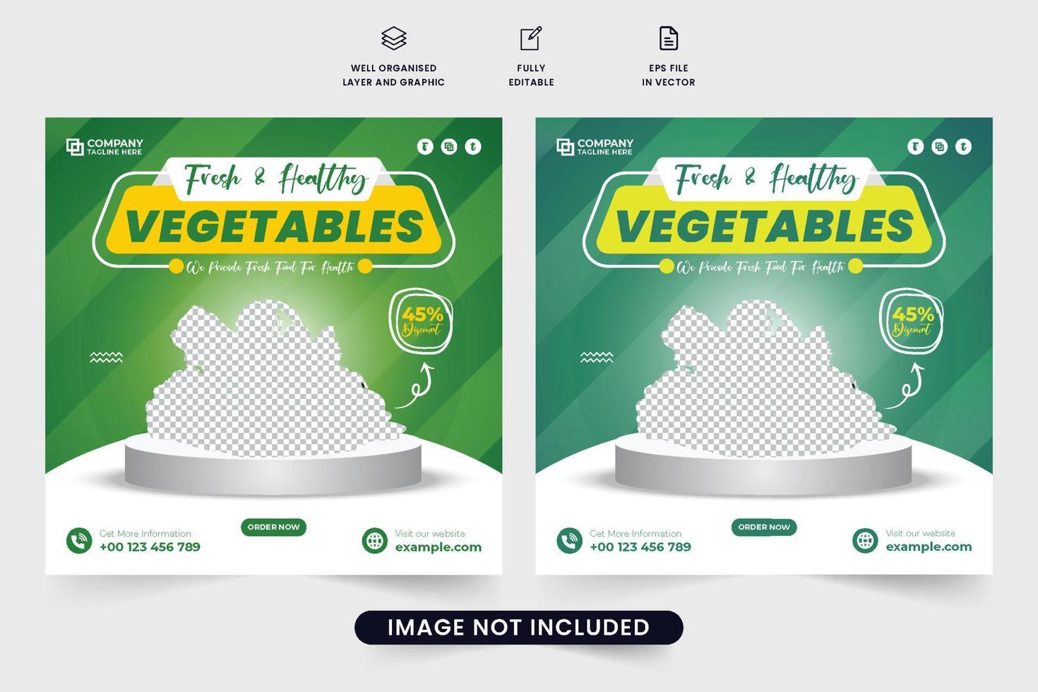 design de modelo vegetal saudável para marketing de mídia social. vetor de banner promocional de comida vegetariana com espaços reservados para fotos. cartaz de propaganda de vegetais frescos com cores verdes e amarelas.