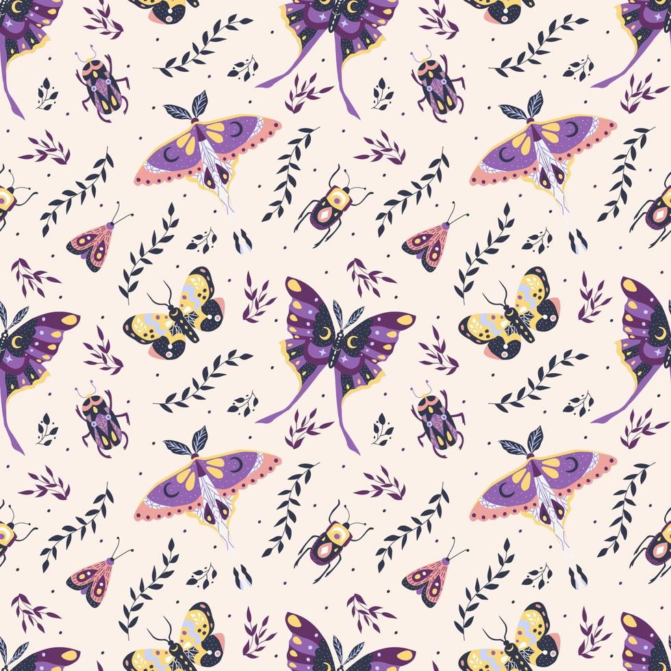 borboletas, mariposas, besouros e folhas. padrão sem emenda. ilustração vetorial vetor