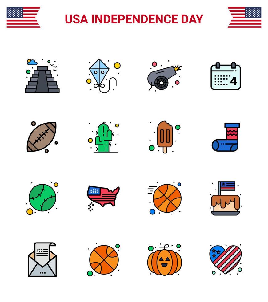 pacote de linha cheia plana de 16 símbolos do dia da independência dos eua da bola esportiva canon american day editáveis elementos de design do vetor do dia dos eua