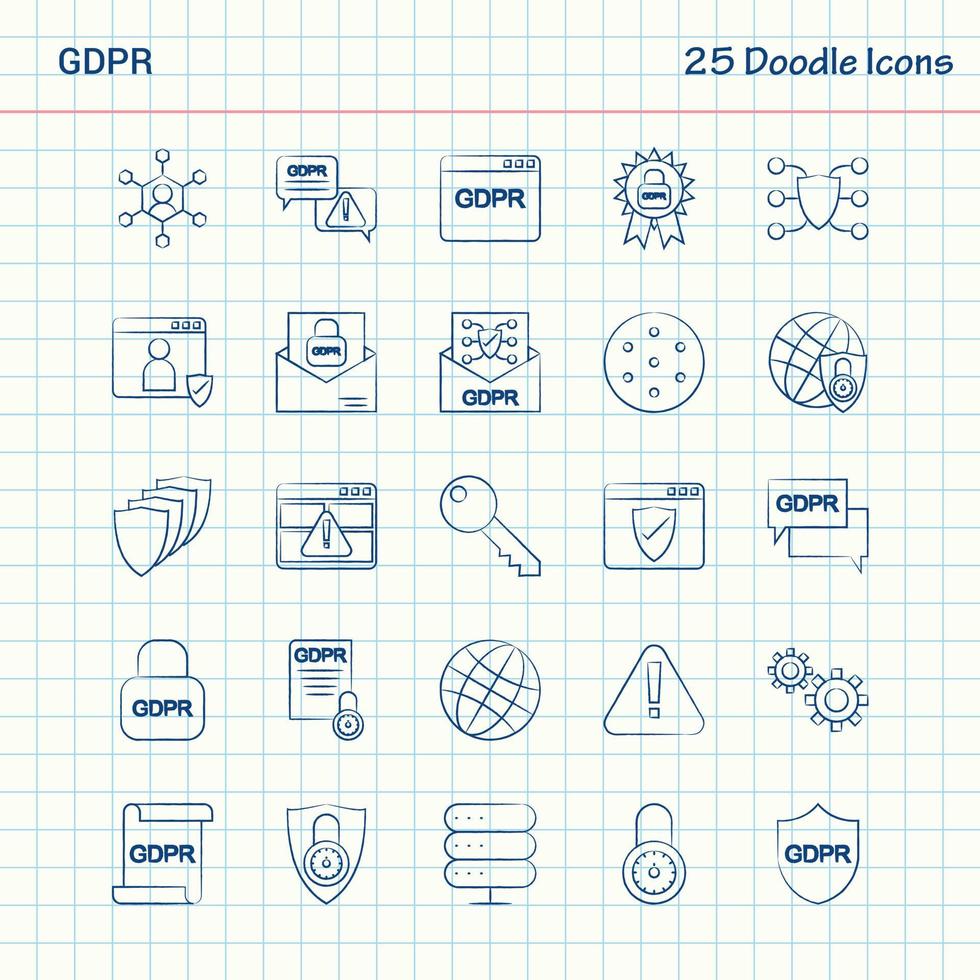 gdpr 25 ícones de doodle conjunto de ícones de negócios desenhados à mão vetor
