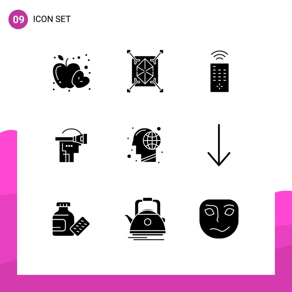 conjunto de 9 pacotes de glifos sólidos comerciais para elementos de design de vetores editáveis de realidade de tecnologia de controle de terra de cabeça