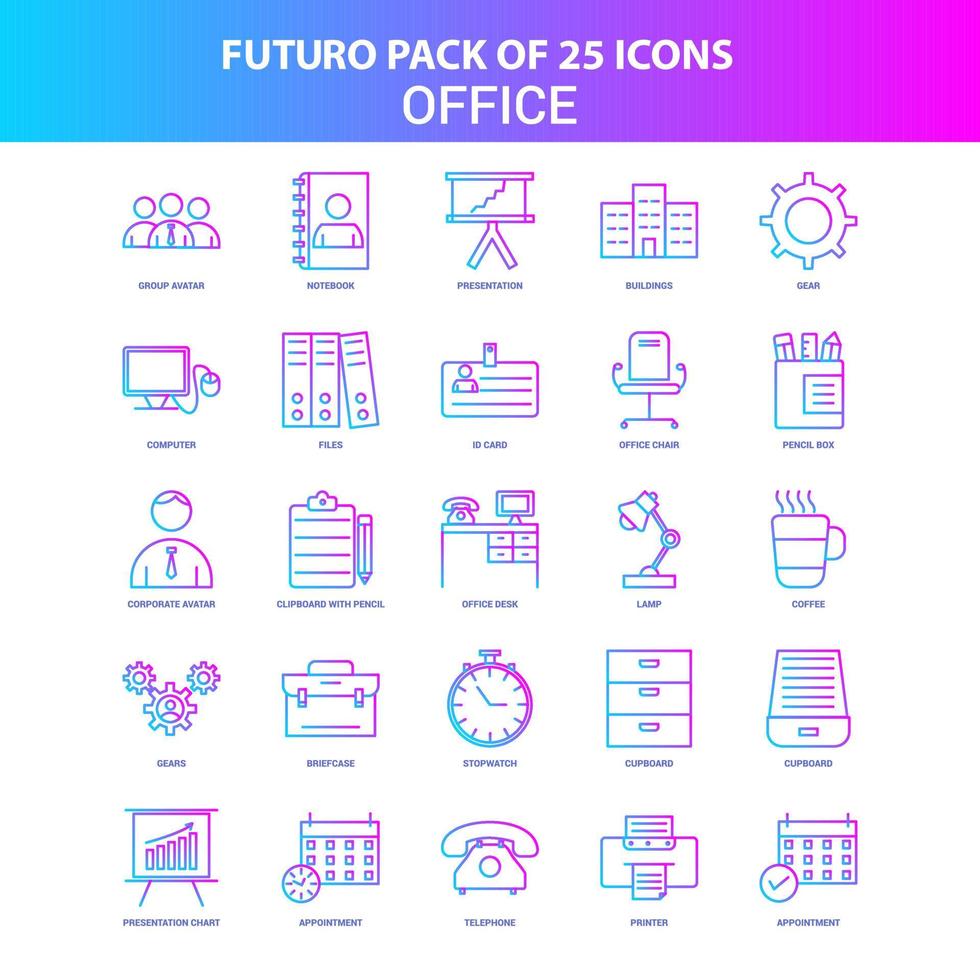 25 pacote de ícones de escritório futuro azul e rosa vetor