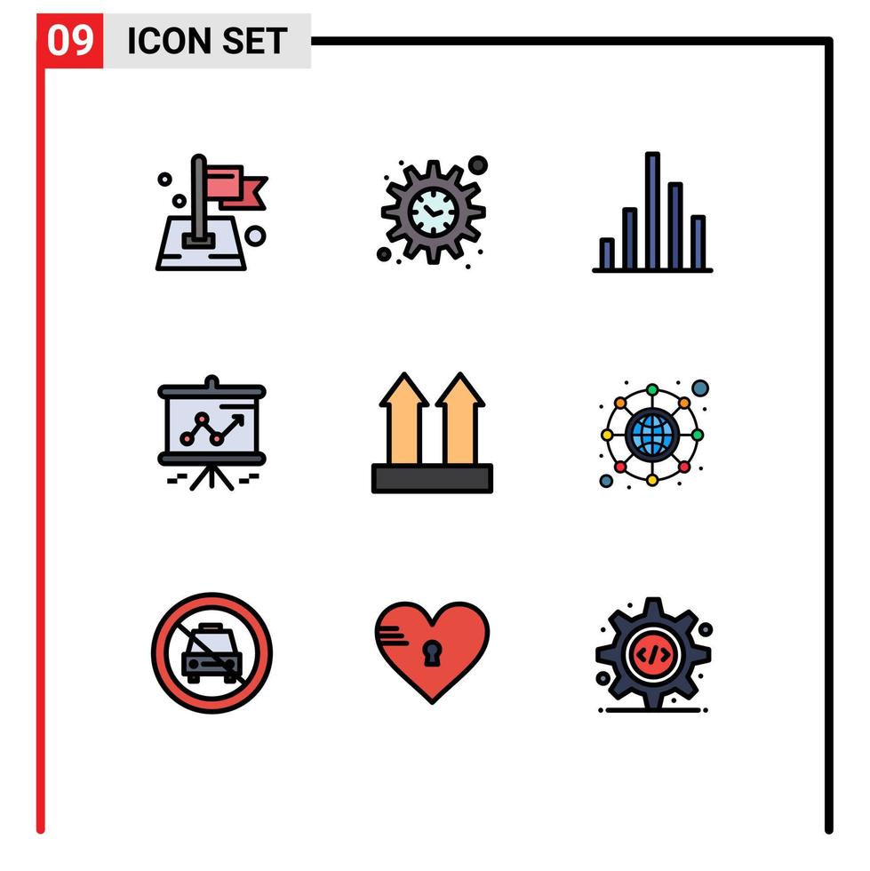 pacote de 9 sinais e símbolos modernos de cores planas de linha preenchida para mídia impressa na web, como setas de transporte, análise, projetor, gráfico, elementos de design vetorial editáveis vetor