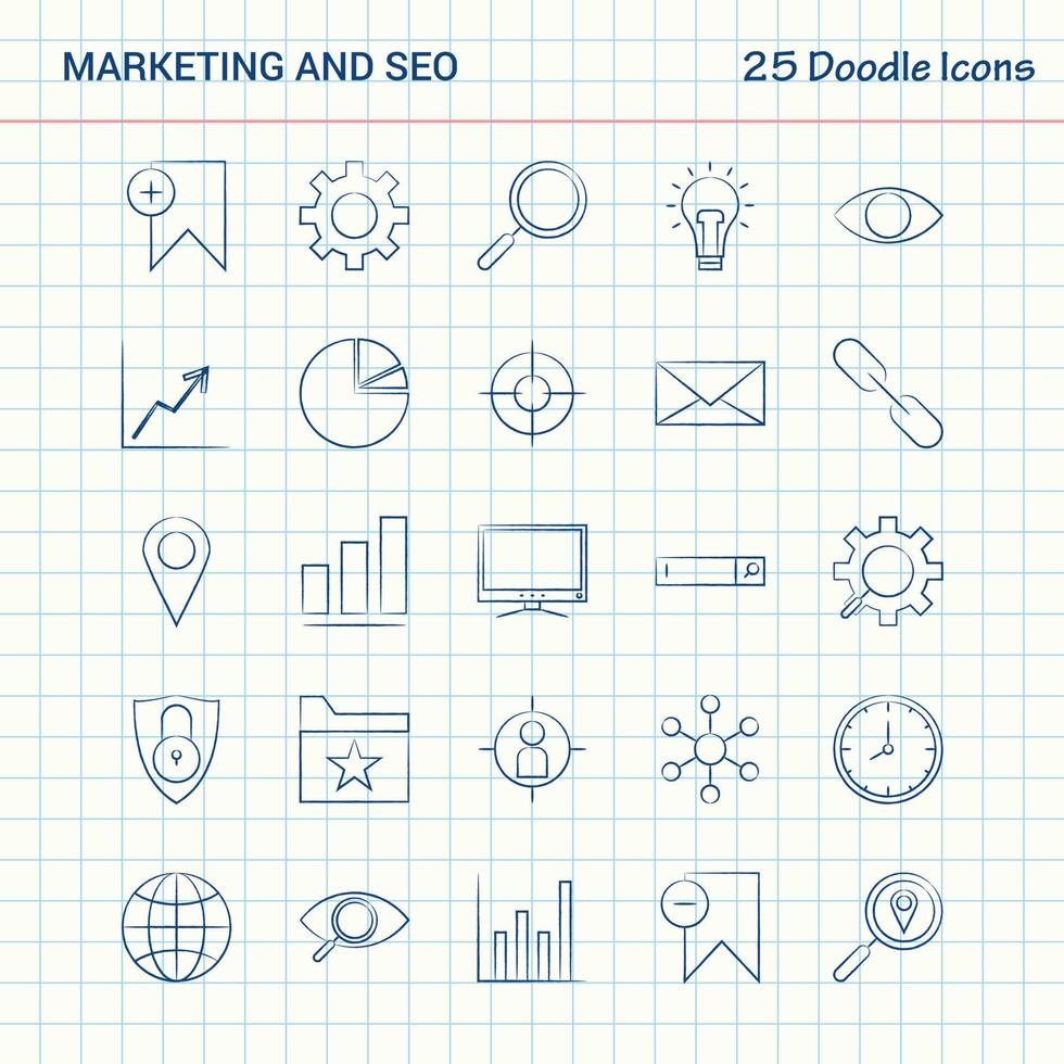 marketing e seo 25 doodle icons conjunto de ícones de negócios desenhados à mão vetor