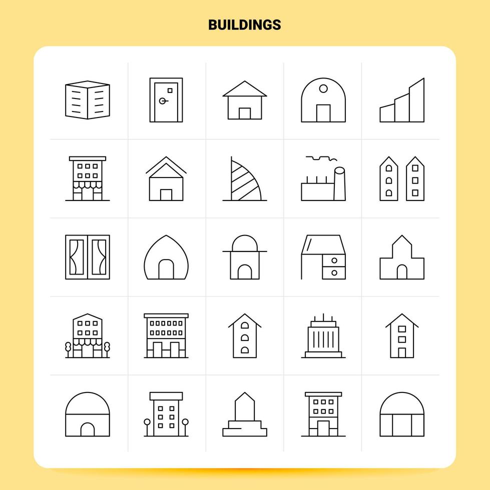 esboço conjunto de ícones de 25 edifícios vetor design de estilo de linha ícones pretos conjunto de pictograma linear pacote de ideias de negócios móveis e web design ilustração vetorial