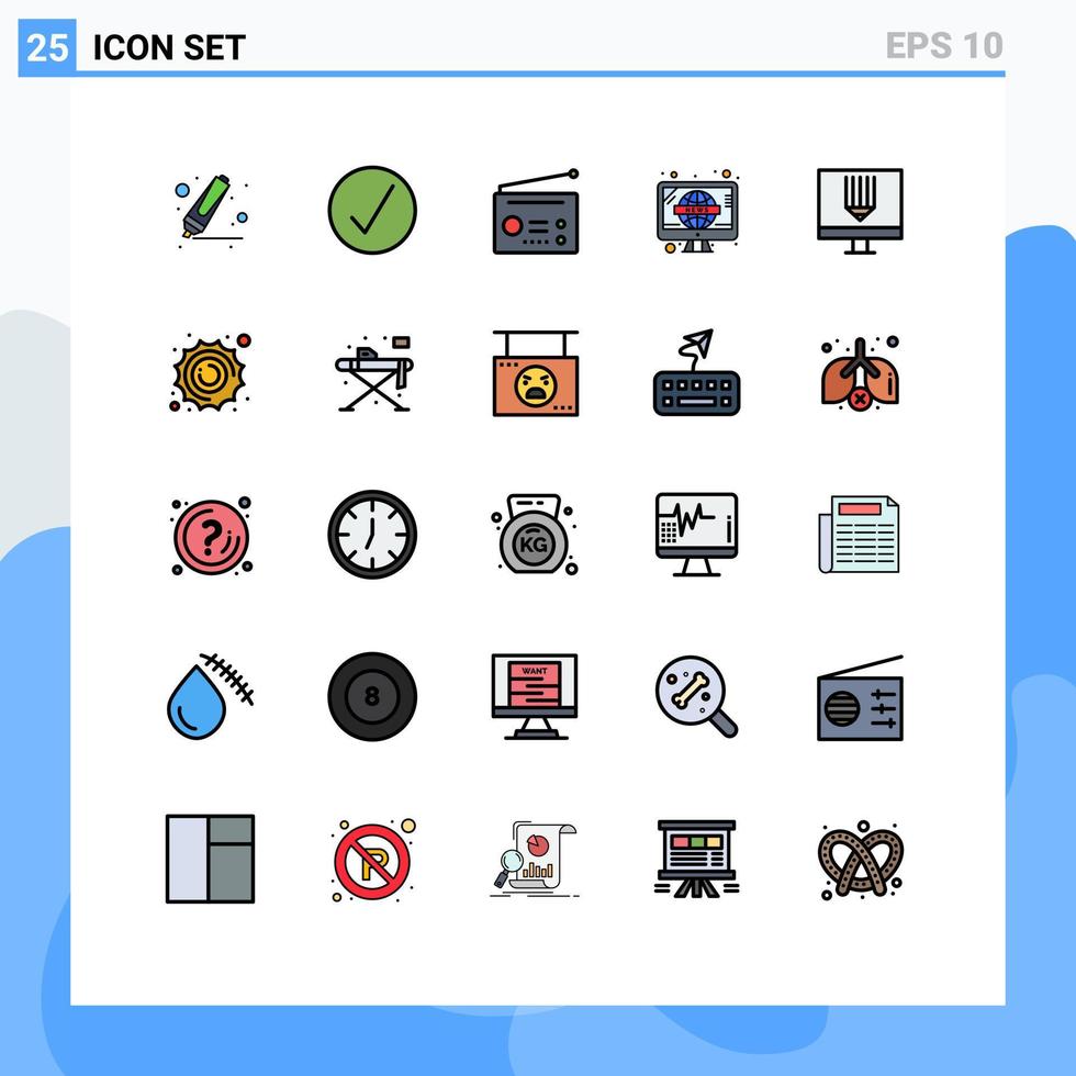 pacote de cores planas de linha preenchida de 25 símbolos universais de gadgets de codificação de design elementos de design de vetores retrô editáveis de tv