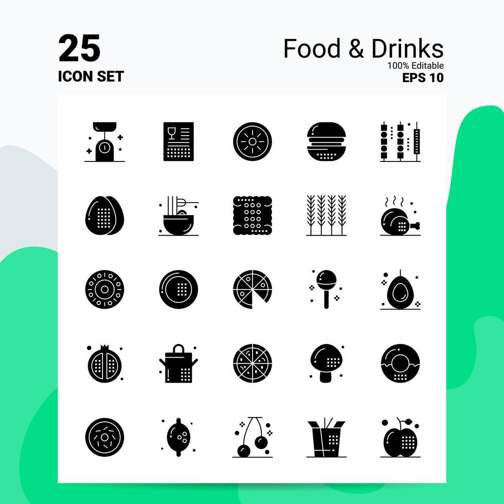 25 conjunto de ícones de bebidas de alimentos 100 eps editáveis 10 arquivos idéias de conceito de logotipo de negócios design de ícone de glifo sólido vetor